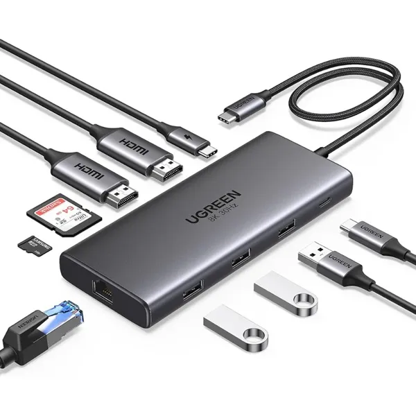 UGREEN Hub USB C 10 en 1: 2 HDMI, USB 3.0, RJ45 Gigabit, PD 100W