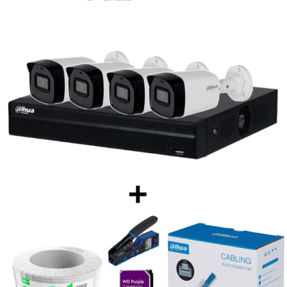 Kit 4 Cámaras Bullet 2MP + NVR Dahua IP, Grabador 4 Canales PoE