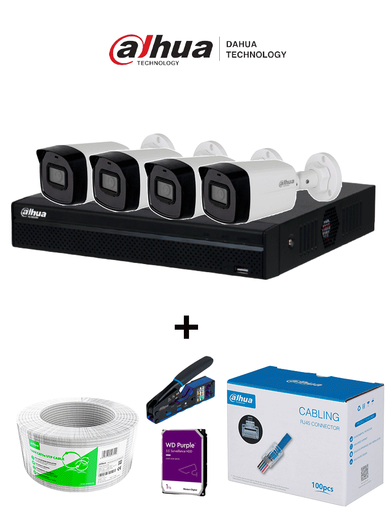 Kit 4 Cámaras Bullet 2MP + NVR Dahua IP, Grabador 4 Canales PoE