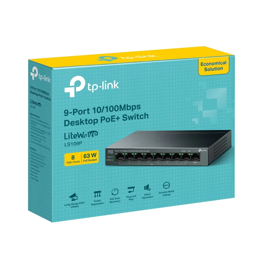Switch TP-Link LiteWave LS109P 9 Puertos Fast Ethernet 8 PoE+ 63W