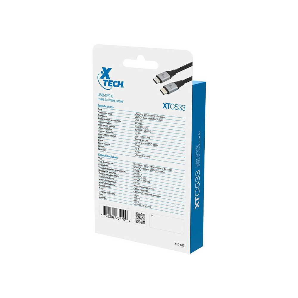 Cable USB Tipo C Xtech 3.66m Negro y Plata - Imagen 3